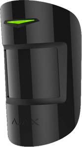 A sleek black Ajax MotionProtect wireless motion sensor isolated on a transparent background, featuring a green LED indicator light and the Ajax logo.